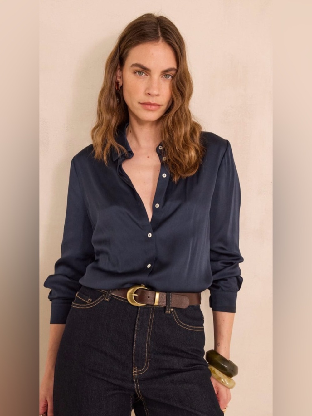 Maison 123 Paris LONG SLEEVE SATIN SHIRT CARLA Navy Blue Women’s Medium